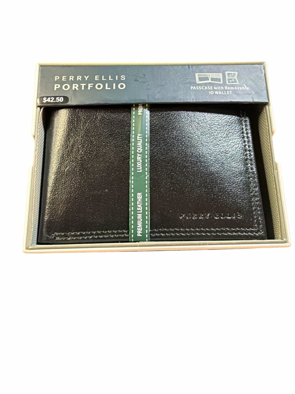 Perry Ellis Black Leather Wallet with Green Accent Band